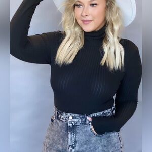 Black Ribbed Turtleneck Top